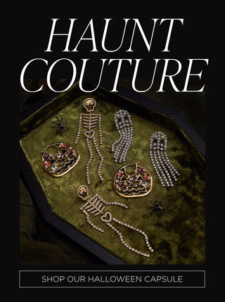 Haunt Couture. Shop our Halloween capsule. Image of spider, jack-o-lantern, skeleton, and ghost earrings.