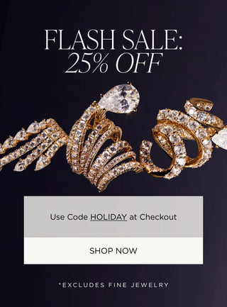 Cubic zirconia earrings on a dark background, promotional text for flash sale and code. 25% off with code HOLIDAY. Excludes fine jewelry.
