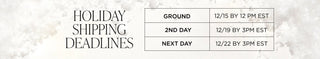 Holiday shipping deadlines table with text and a decorative background. Ground cut off 12/15 by 12pm EST; 2nd Day cut off 12/19 by 3pm EST; Next Day cut off 12/22 by 3pm EST.