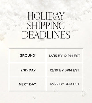 Holiday shipping deadlines table with text and a decorative background. Ground cut off 12/15 by 12pm EST; 2nd Day cut off 12/19 by 3pm EST; Next Day cut off 12/22 by 3pm EST.