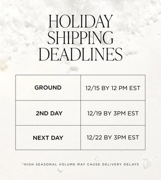 Holiday shipping deadlines table with text and a decorative background. Ground cut off 12/15 by 12pm EST; 2nd Day cut off 12/19 by 3pm EST; Next Day cut off 12/22 by 3pm EST.