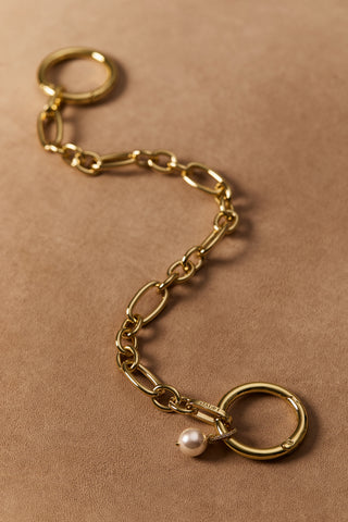 GOLD-TONED BON VOYAGE CHAIN BAG SWAG 4 AGAINST A BROWN BACKDROP