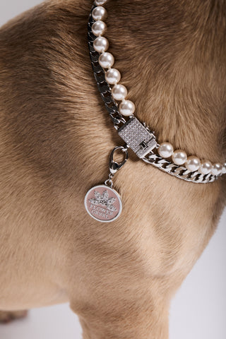 CLOSE UP OF A DOG’S NECK WEARING NADRI’S DOUBLE STRAND COLLAR NECKLACE AND THE CLEOPAWTRA FLOWER GRRRL CHARM