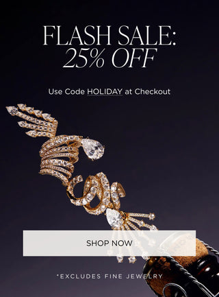 Cubic zirconia earrings on a dark background, promotional text for flash sale and code. 25% off with code HOLIDAY. Excludes fine jewelry.