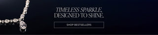 CZ necklace with 'Timeless Sparkle, Designed to Shine' text and 'Shop Bestsellers' button on a dark background.
