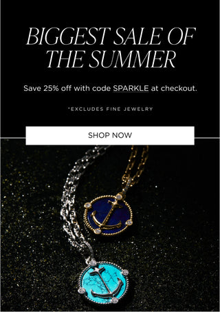 The biggest sale of the summer. Save 25% off with code SPARKLE at checkout. Excludes Fine Jewelry. Image of two Globe Trotter anchor pendants on black sand.