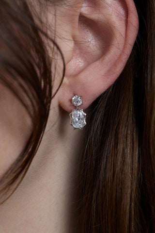 CLOSE UP OF A MODEL’S EAR WEARING THE SUPERNOVA SMALL DROP EARRINGS