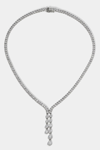 WILLOW ROUND CZ TENNIS DOUBLE DROP Y NECKLACE IN RHODIUM PLATING.