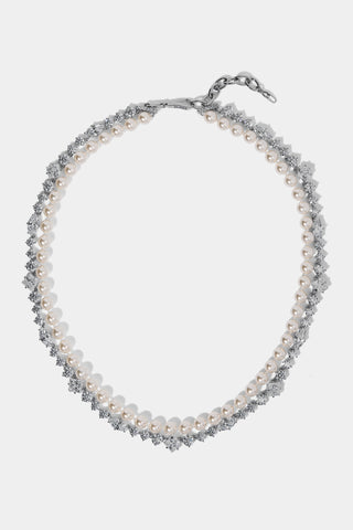 MATERIAL PEARL LAYERED COLLAR NECKLACE IN RHODIUM PLATING