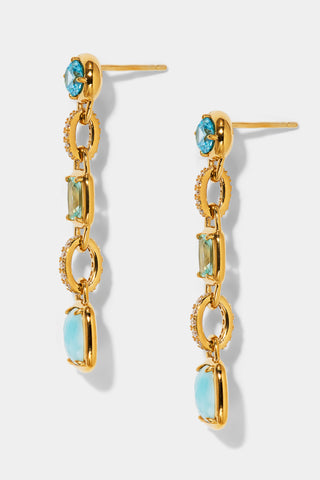 SIDE VIEW OF CABARETE TRIPLE DROP MULTI EARRINGS IN GOLD PLATING