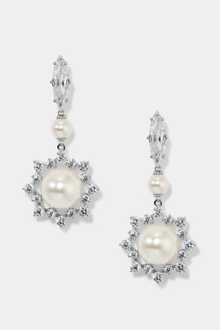 MATERIAL PEARL FRAMED DROP EARRINGS IN RHODIUM PLATING