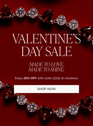 Valentine's Day sale banner with jewelry and promotional text on a red background. Text reads "Made to Love. Made to Shine. Enjoy 20% off with code LOVE at checkout".