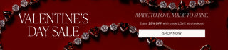 Valentine's Day sale banner with jewelry and promotional text on a red background. Text reads "Made to Love. Made to Shine. Enjoy 20% off with code LOVE at checkout".