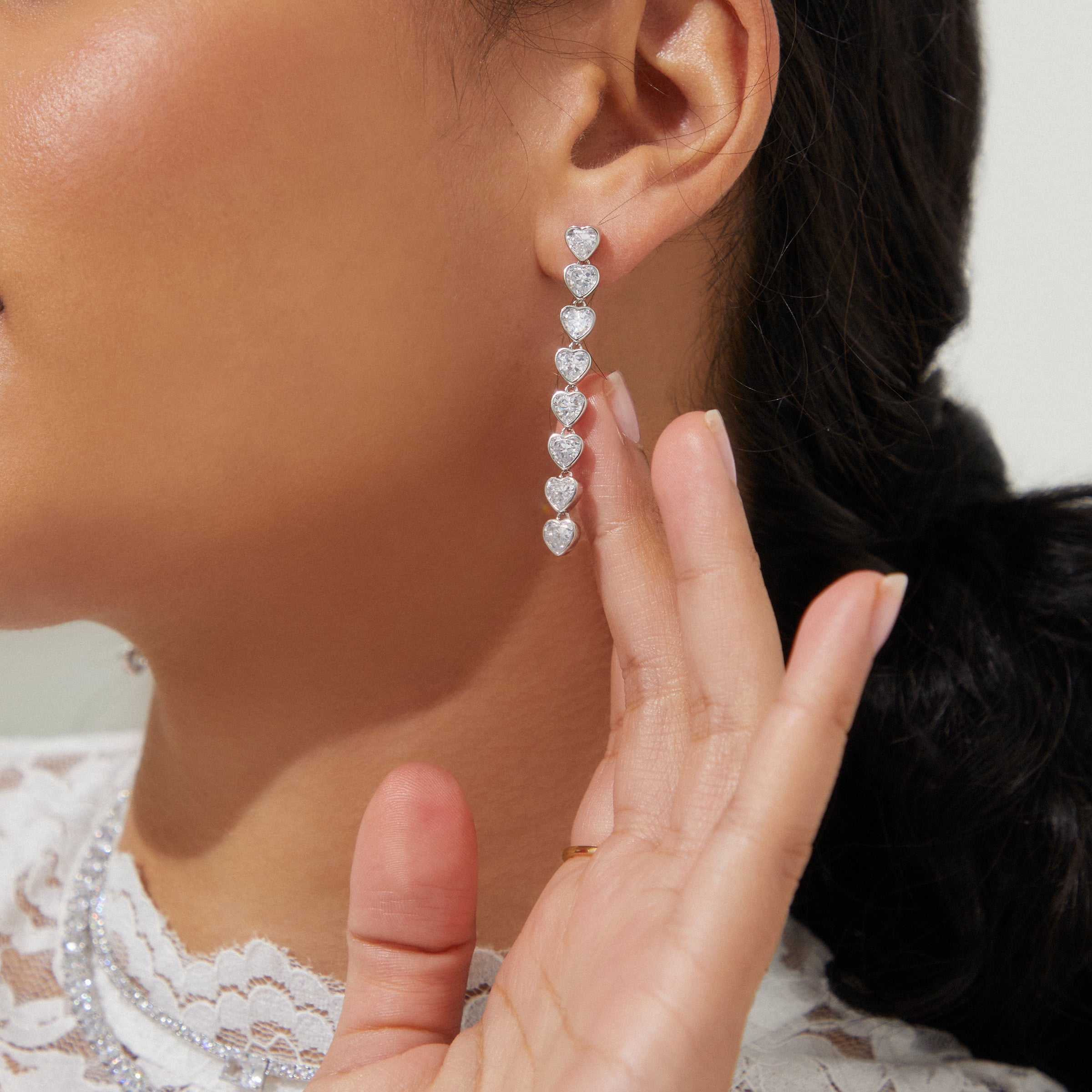 Triple Heart Crystal Rhinestone Dangle Earrings - Pierced